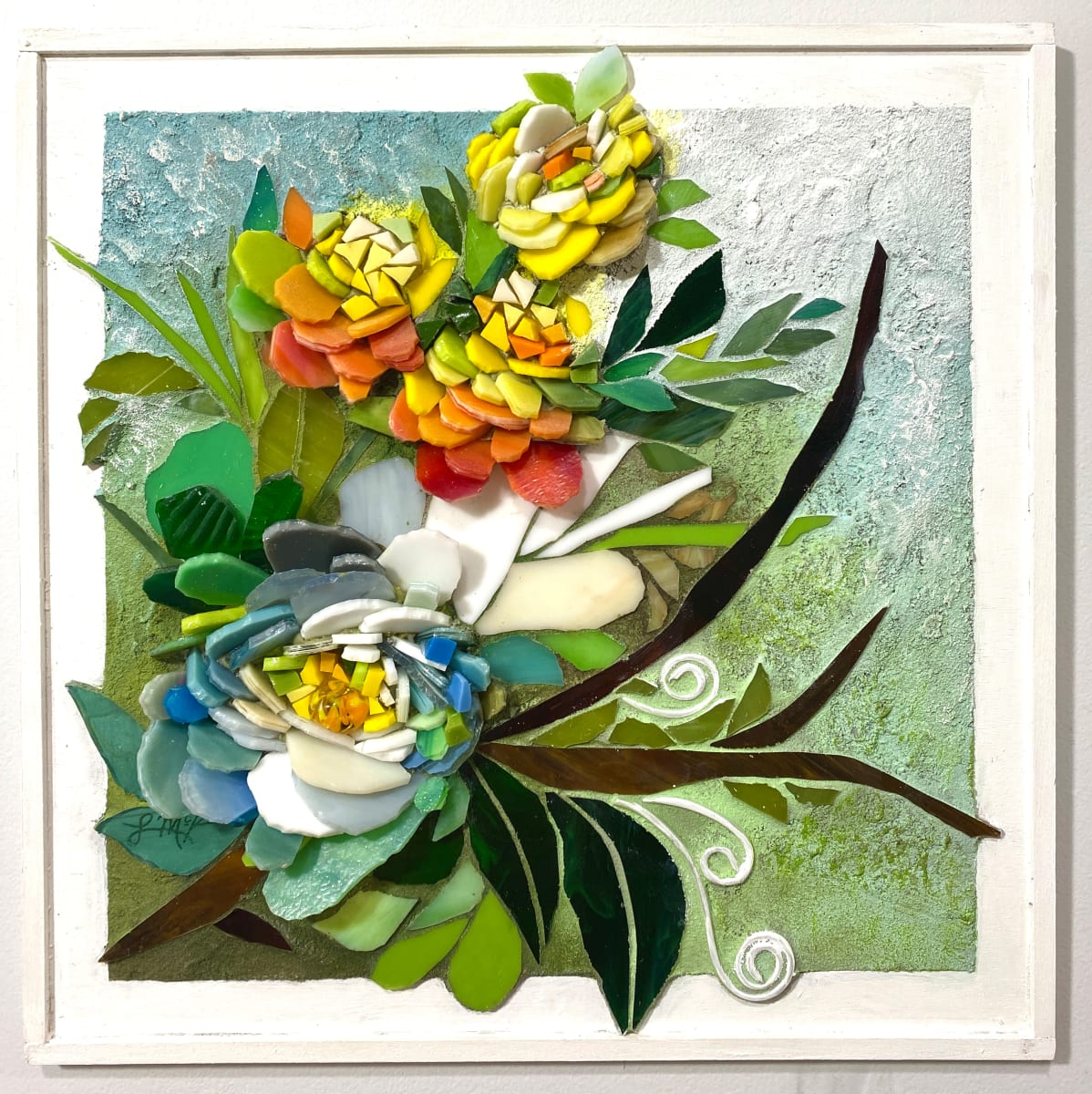 Buoyant  Image: Abstract floral blossoms with raised petals in stained glass and painted grout