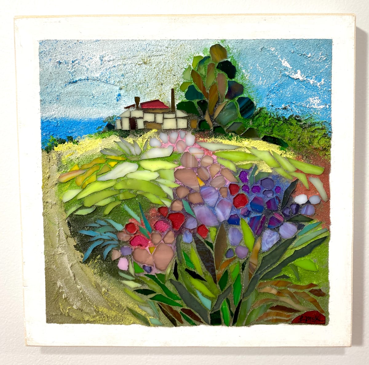 Chania Fields  Image: A villa in a field of flowers on Crete, Greece, in stained glass and painted grout