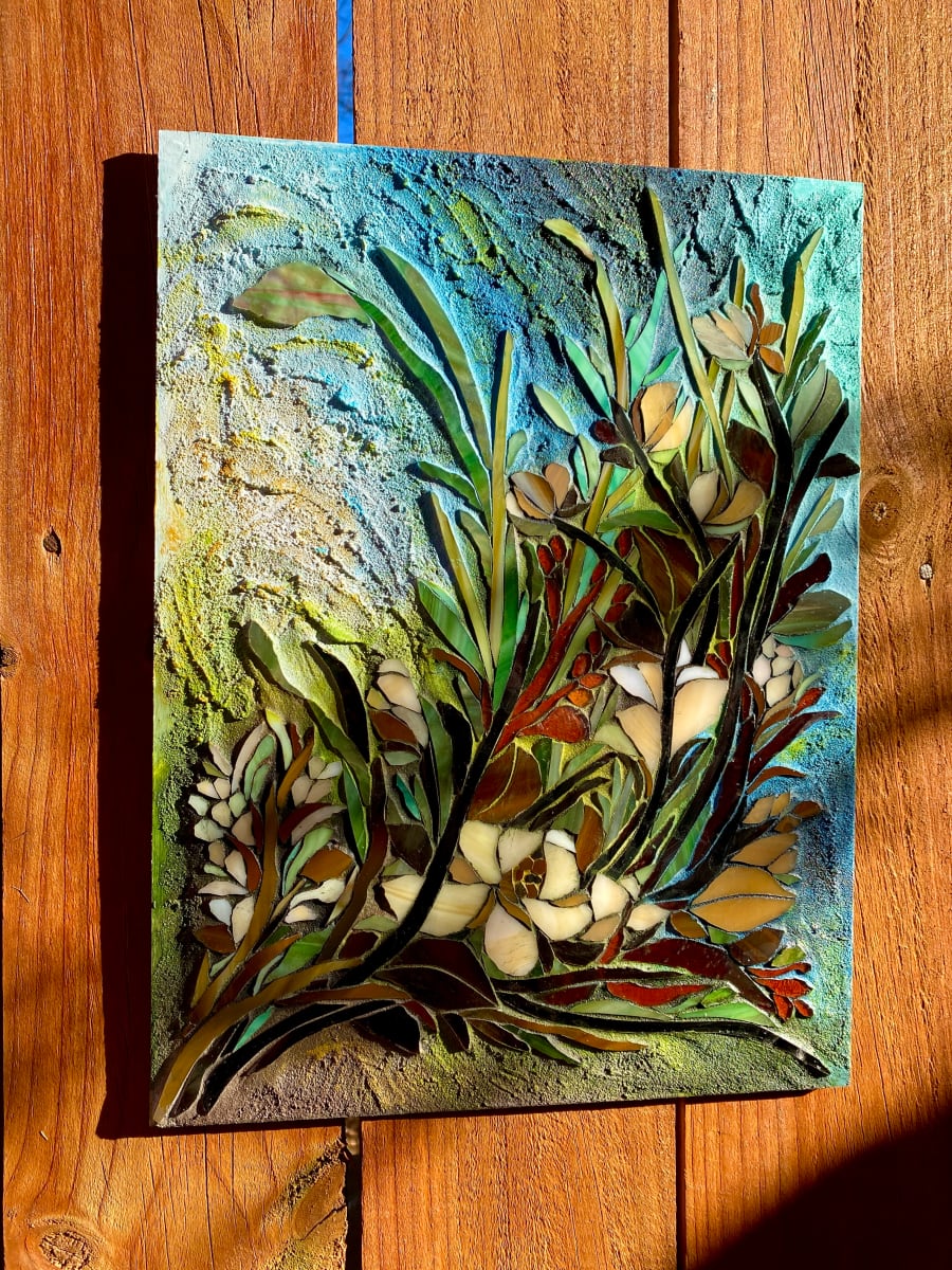 Wild Rustic by Laura McKellar  Image: Wild and tangly flowers in stained glass with painted grout