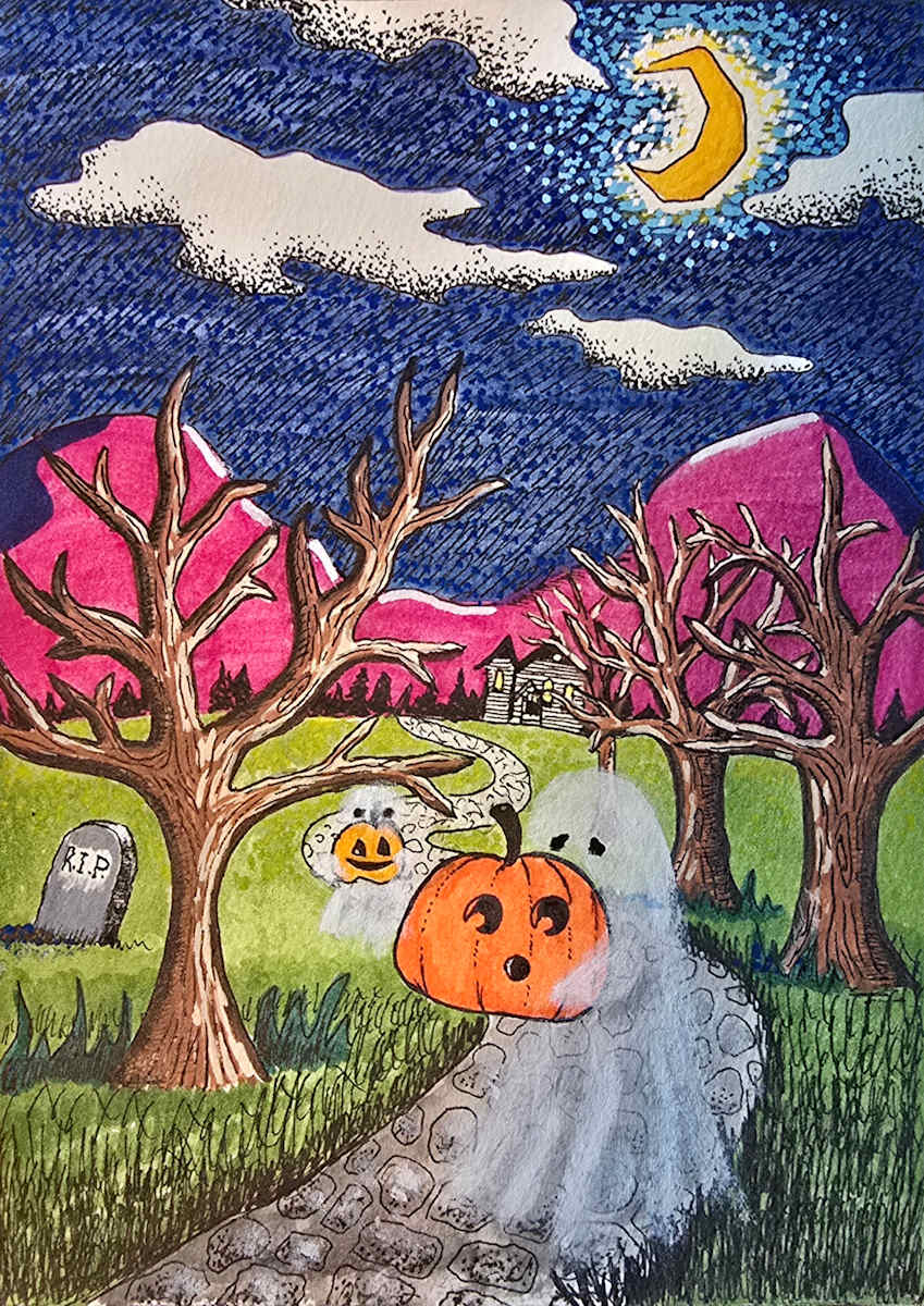 Ghostly Stroll to the Pumpkin Parade (PRINT) by Jessica Kunnas, Image 1.