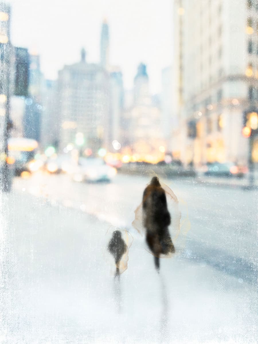 Follow Me by Wendy Baker  Image: Woman and child walking along Miracle Mile in Chicago on rainy evening.