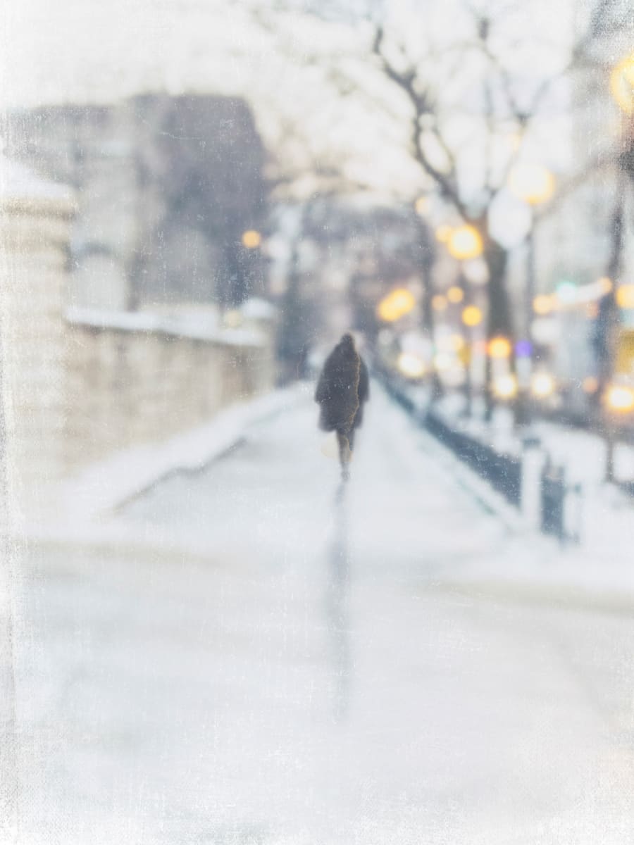 One and Only by Wendy Baker  Image: Woman walking on snowy Chicago evening.