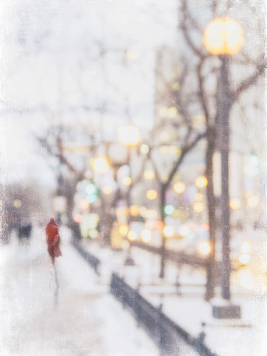 On My Way by Wendy Baker  Image: Woman in red coat walking on busy street in Chicago on rainy day.