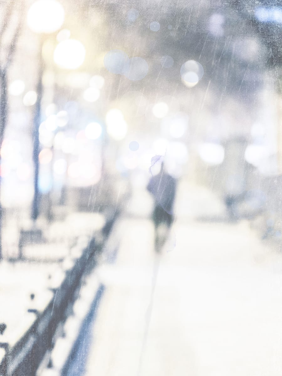 Chicago Rain by Wendy Baker  Image: Man walking on snowy night in Chicago, Illinois.  