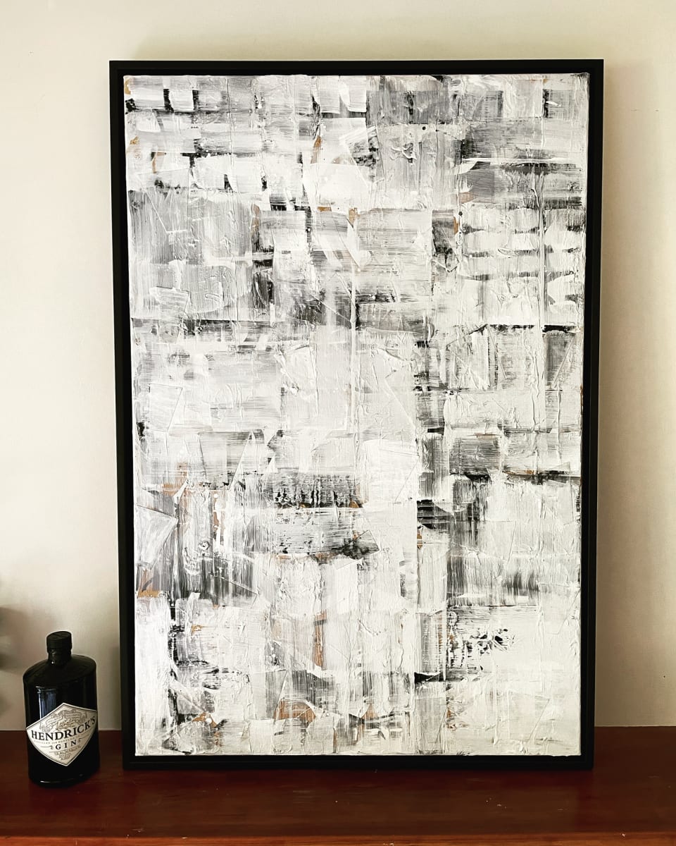 Tektonikos 3 by lisa nordale  Image: 26” x 38” Acrylic Painting with a black floater frame 