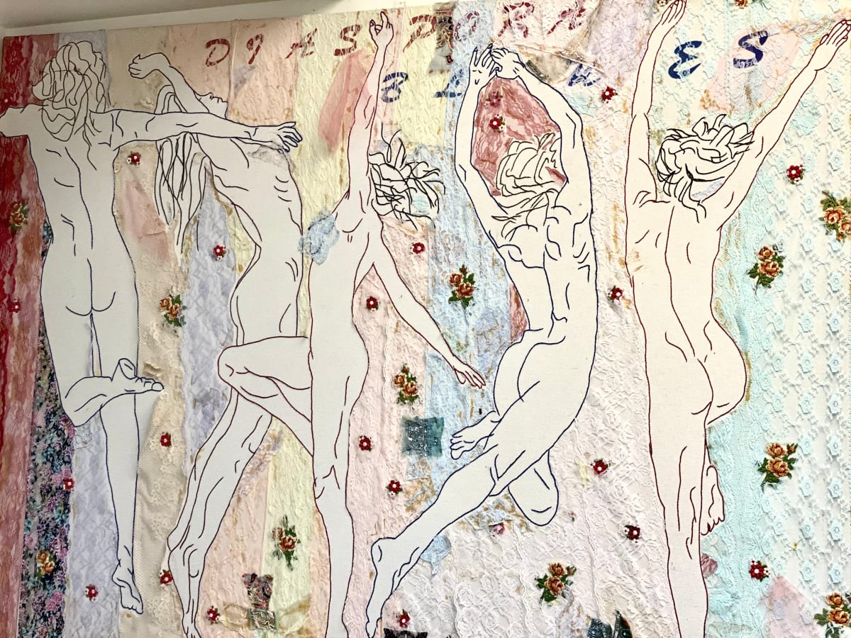 Diaspora Blues by Eurydice Eve  Image: Hand-stitched embroidery on canvas using hand-dyed thread, vintage embroidery and acrylic.
