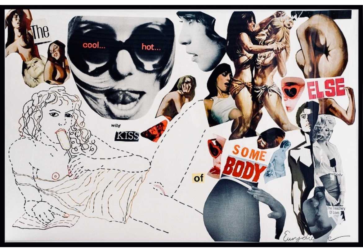 The Cool Hot Wild Kiss Of Somebody Else by Eurydice Eve  Image: Eurydice: The Cool Hot Kiss Of Somebody Else, 52”x73”, hand-stitched collage of original film posters, & photos on paper. Professionally framed in museum white.  