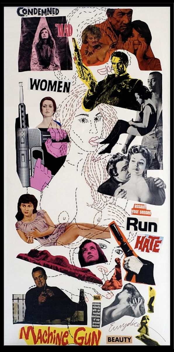Machine Gun Beauty by Eurydice Eve  Image: Eurydice: Machine Gun Beauty, 47”x80”, hand-stitched collage of original film posters & photos on museum quality paper. Professionally framed in museum white. 
