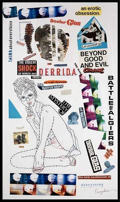 Beyond Good and Evil (with Jacques Derrida) by Eurydice Eve  Image: Eurydice: Beyond Good and Evil (The Battle of Algiers with the French philosopher Jacques Derrida), 50”x86”, hand-stitched collage of original film posters, & photos on museum quality paper. Professionally framed in museum white.  