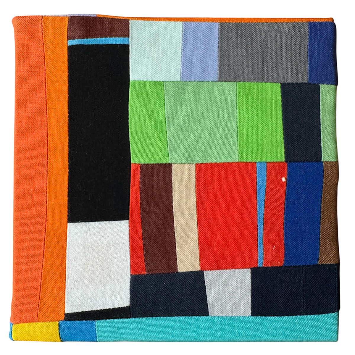 Palimpsest No. 4 by Becky McNeill  Image: Fourth in a series of 10; wrapped on wooden canvas; prepared for hanging with sawtooth hanger on back Palimpsest is a series of improvisational quilts made entirely from remnants—fragments left behind by previous works, saved not out of necessity but reverence. In this collection, scraps become sentences, stitched into new narratives while carrying the memory of what came before. The term palimpsest refers to a surface that has been written on, erased, and written over again—its history never fully disappearing. These quilts function the same way. Each piece bears the invisible weight of past intentions: the original quilt it was cut from, the idea it once supported, the color chosen in a different emotional state. This is not erasure, but layering—an act of transformation that honors the past without being bound to it. Rooted in sustainability, Palimpsest challenges the idea of waste, asking instead what is left behind when a project ends—and what becomes possible in that aftermath. The result is a body of work that is both patchwork and palimpsest: imperfect, intuitive, and full of quiet memory.