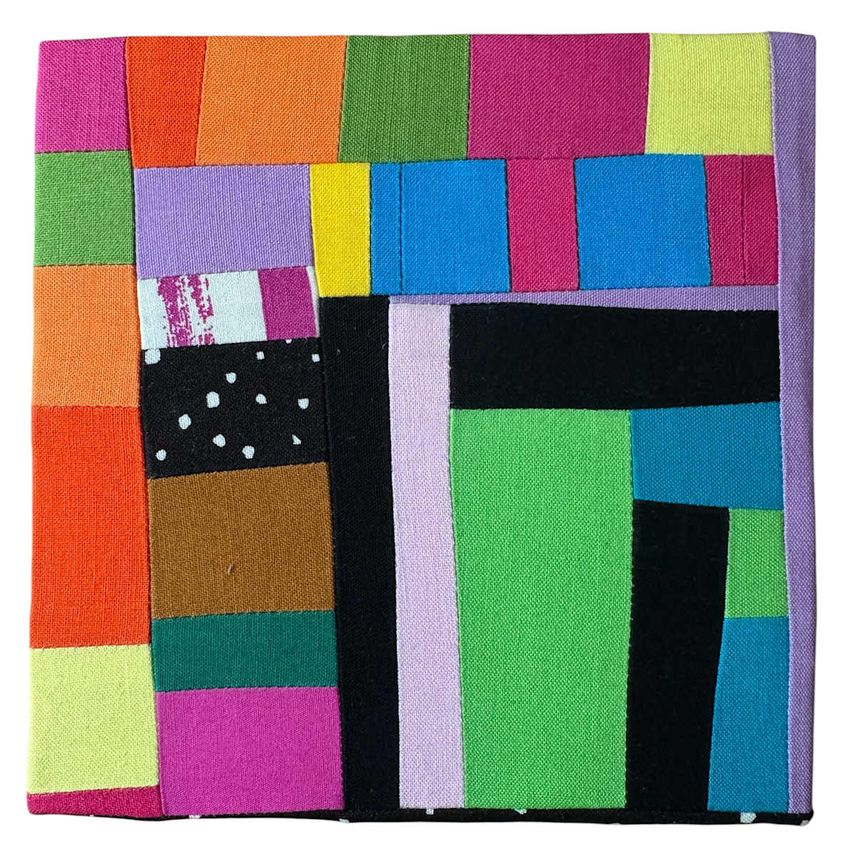 Palimpsest No. 7 by Becky McNeill  Image: Seventh in a series of 10; wrapped on wooden canvas; prepared for hanging with sawtooth hanger on back Palimpsest is a series of improvisational quilts made entirely from remnants—fragments left behind by previous works, saved not out of necessity but reverence. In this collection, scraps become sentences, stitched into new narratives while carrying the memory of what came before. The term palimpsest refers to a surface that has been written on, erased, and written over again—its history never fully disappearing. These quilts function the same way. Each piece bears the invisible weight of past intentions: the original quilt it was cut from, the idea it once supported, the color chosen in a different emotional state. This is not erasure, but layering—an act of transformation that honors the past without being bound to it. Rooted in sustainability, Palimpsest challenges the idea of waste, asking instead what is left behind when a project ends—and what becomes possible in that aftermath. The result is a body of work that is both patchwork and palimpsest: imperfect, intuitive, and full of quiet memory.