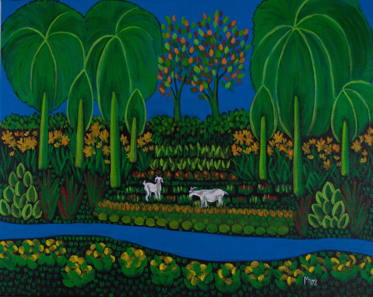 Two Goats: Original Caribbean Art (16x20) by Sharon Mroz  Image: "Goats in the Garden" 