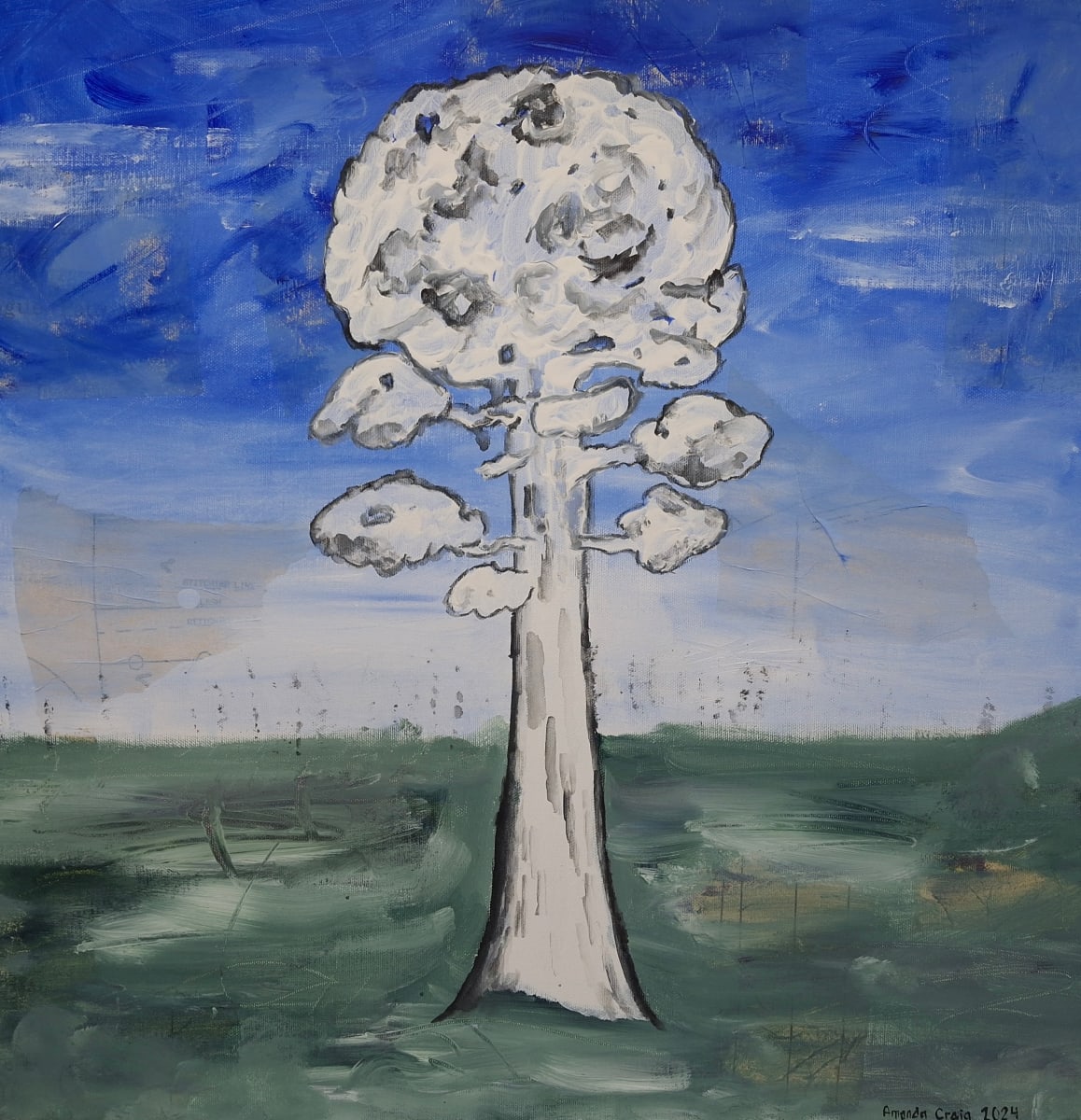 Struggling for Space by Amanda Craig  Image: This piece commemorates the recovery process after the 2011 Bastrop County Complex fire in Bastrop Texas, which destroyed over 1600 structures and over 32,000 acres. The area continues to struggle. Areas of the fragile Lost Pines continue to burn in smaller sections each year, and more is needed to educate the public on how to proactively protect our small Lost Pines tree population.

Landscape mixed media 20" x 20" x 1.5" gallery wrapped canvas featuring a single Lost Pines Loblolly tree. Created using vintage paper, acrylic, gesso, and colored pencil. No varnish.