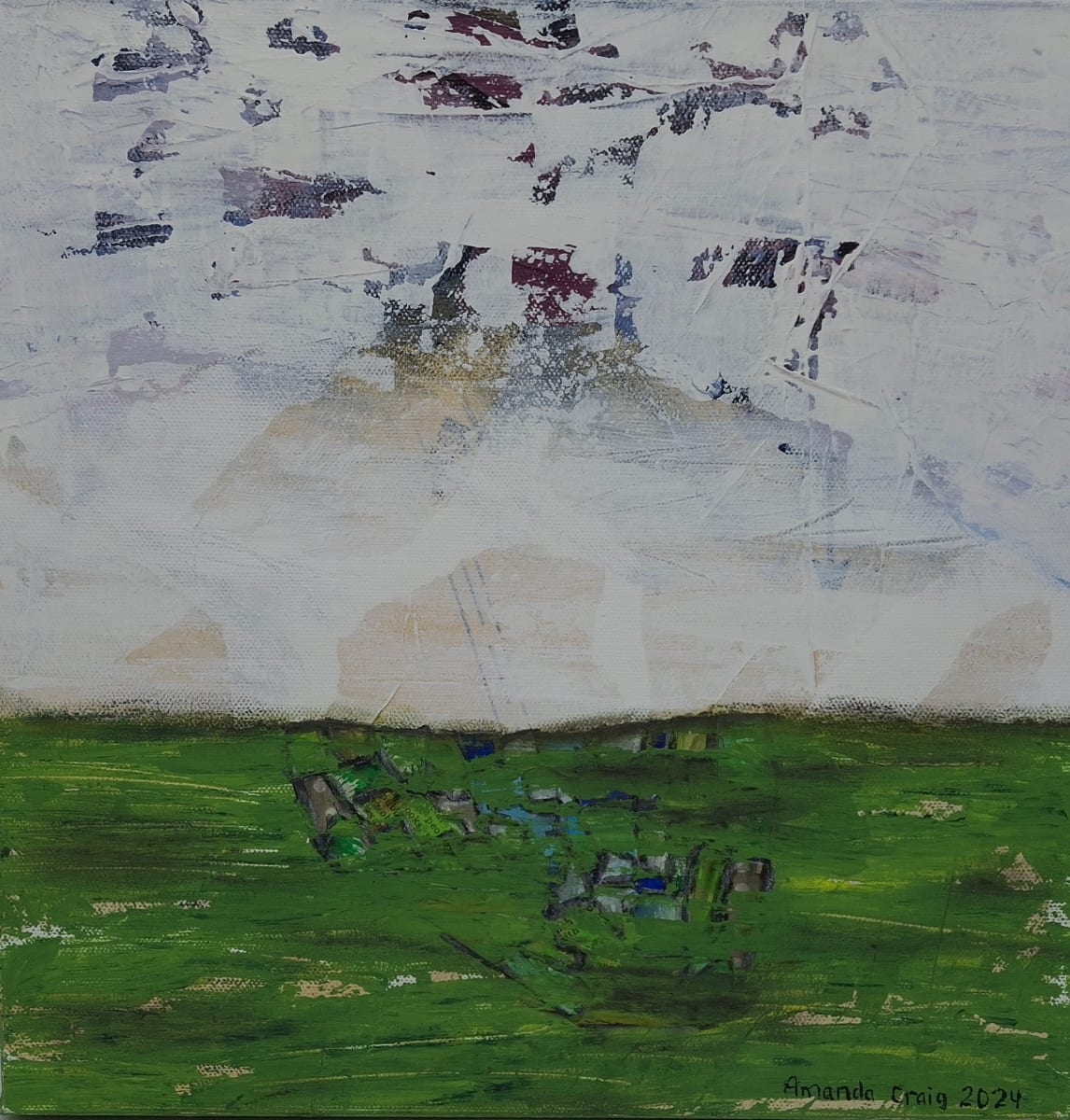 Searching for Something by Amanda Craig  Image: "Searching for Something." This is a gallery wrapped canvas with the image continued around the edges, so no frame is necessary; this piece is ready to hang. Landscape mixed media 12" x 12" gallery wrapped canvas featuring an open vista over a green landscape. This painting gives me the feeling of searching when you are lonely, and the unknown is peeking through in the distance.  Created with vintage and non-vintage paper, acrylic, and colored pencil. 