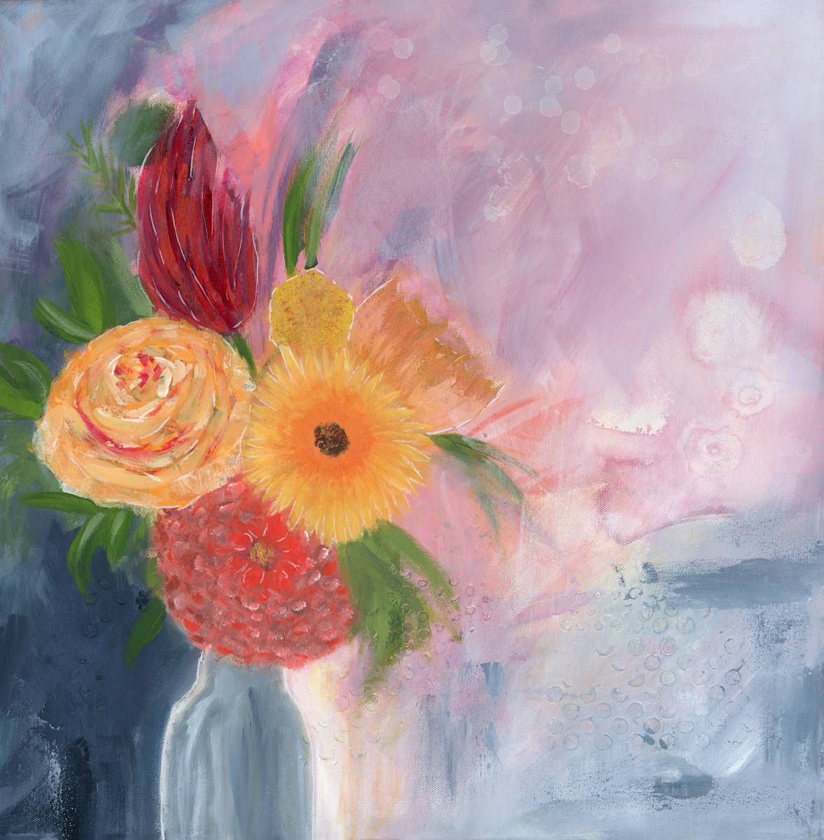 Beautifully You by Amanda Craig  Image: Mixed media 20" x 20" x 1.5" on canvas featuring modern florals.  No frame needed.  Includes acrylic, alcohol ink, paper, and acrylic mediums.