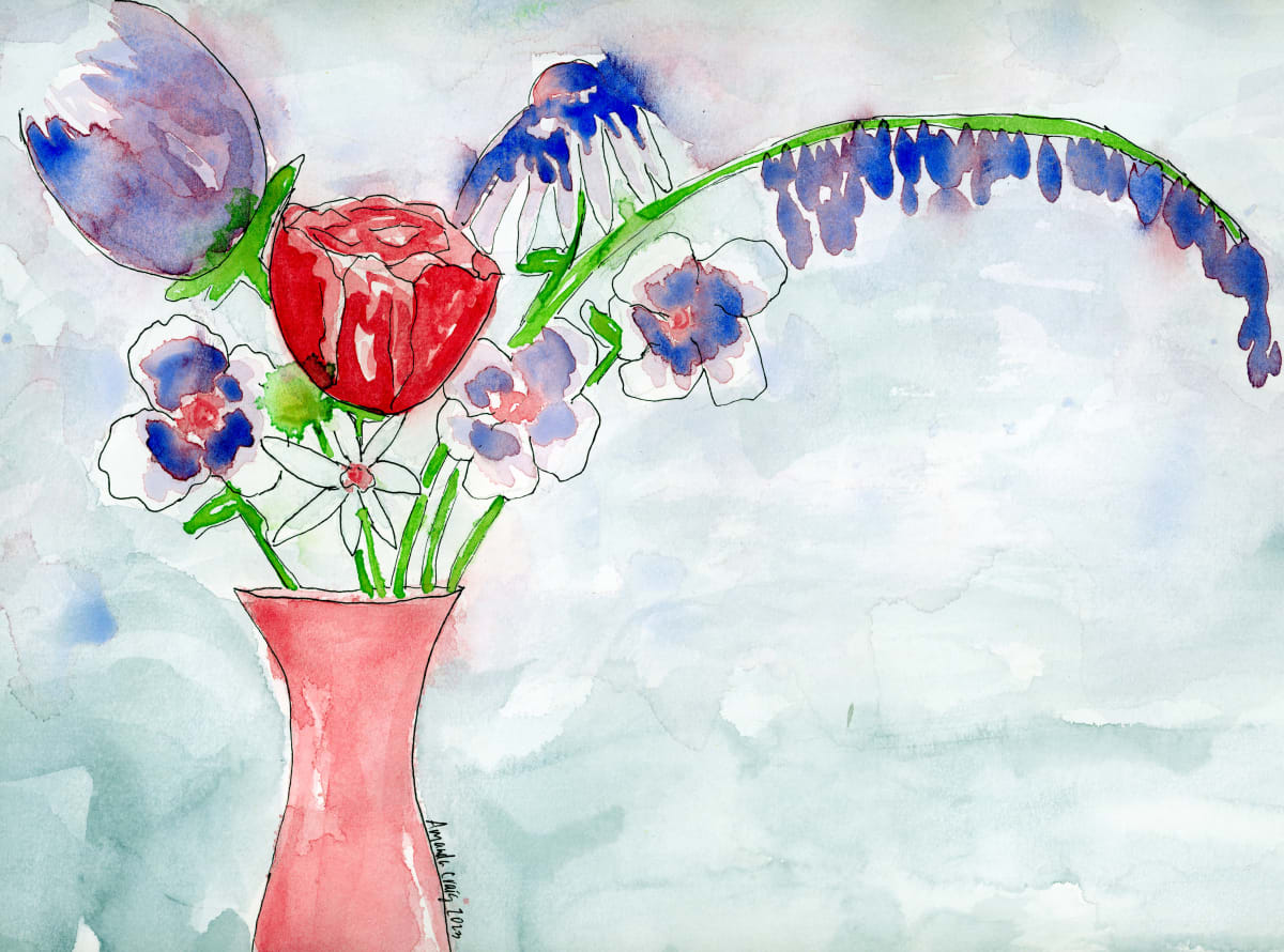 Blue Flowers in Red Vase by Amanda Craig  Image: This is an unframed watercolor on loose leaf mixed media paper, roughly 11.5" x 16.5" (the sizing for this paper is odd). This piece is special to me because it was the first ever watercolor I created after purchasing my very first Winsor & Newton professional watercolor set. It was an opportunity to play entirely from imagination and the pigments were so vibrant that I was hooked instantly. I wanted something messy, bright, and just dripping with color--a truly fun watercolor to create!