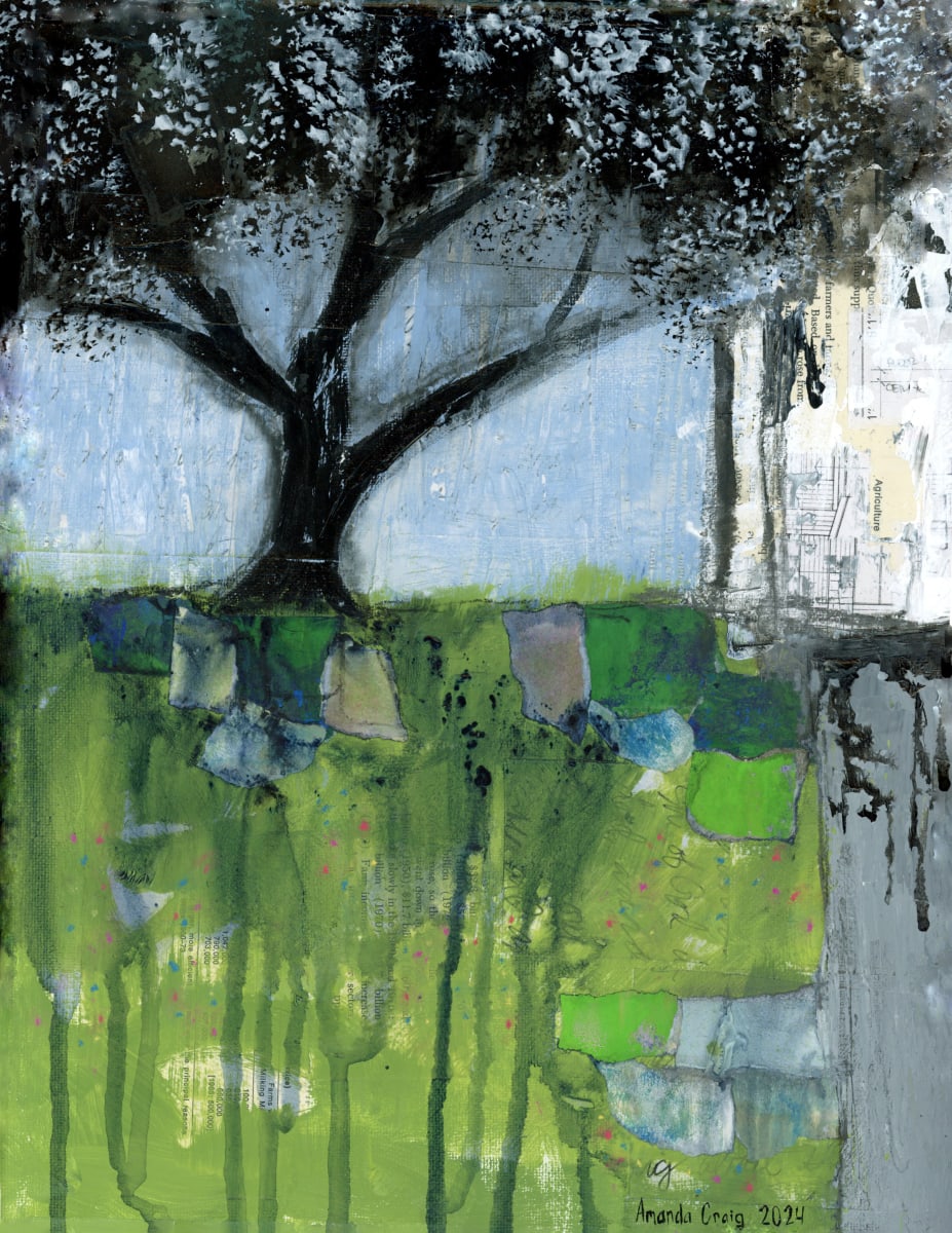 Childhood Haven by Amanda Craig  Image: Original mixed media on canvas in floating wood frame. Loose landscape featuring collage, acrylic, ink, graphite, pastel. No varnish. Inspired by the home where I grew up in the Texas countryside and the tree I used to climb as a child, along with my two sisters. My Dad loved to grow wildflowers in the front yard. 