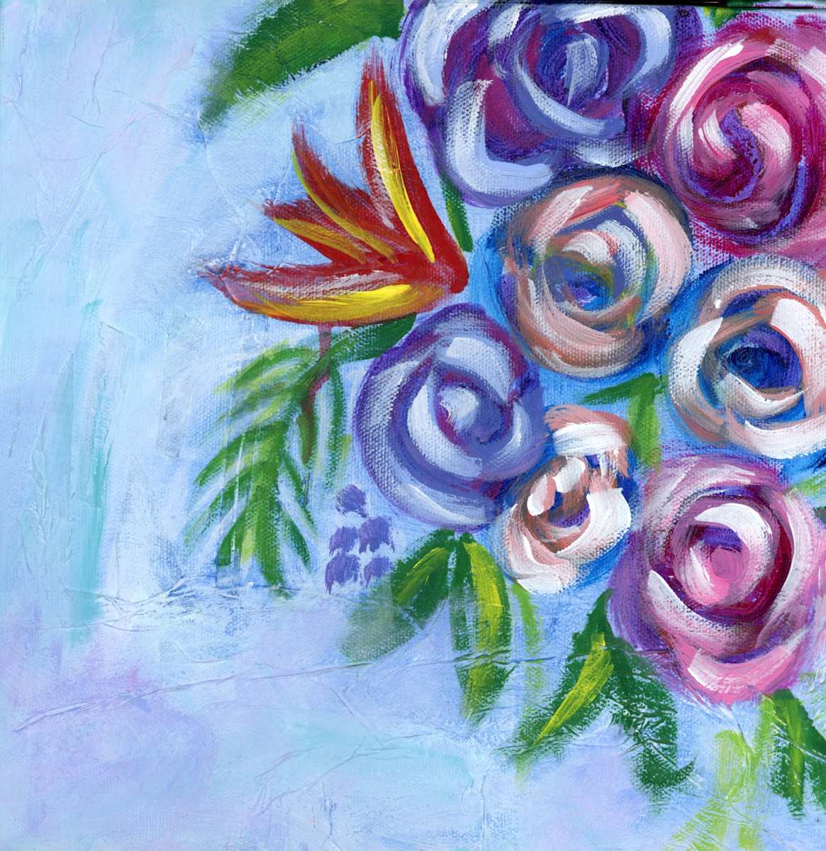 Have Hope by Amanda Craig  Image: Floral mixed media 10" x 10" gallery wrapped canvas featuring a spray of roses and Bird of Paradise created with paper, acrylic, and acrylic mediums. 