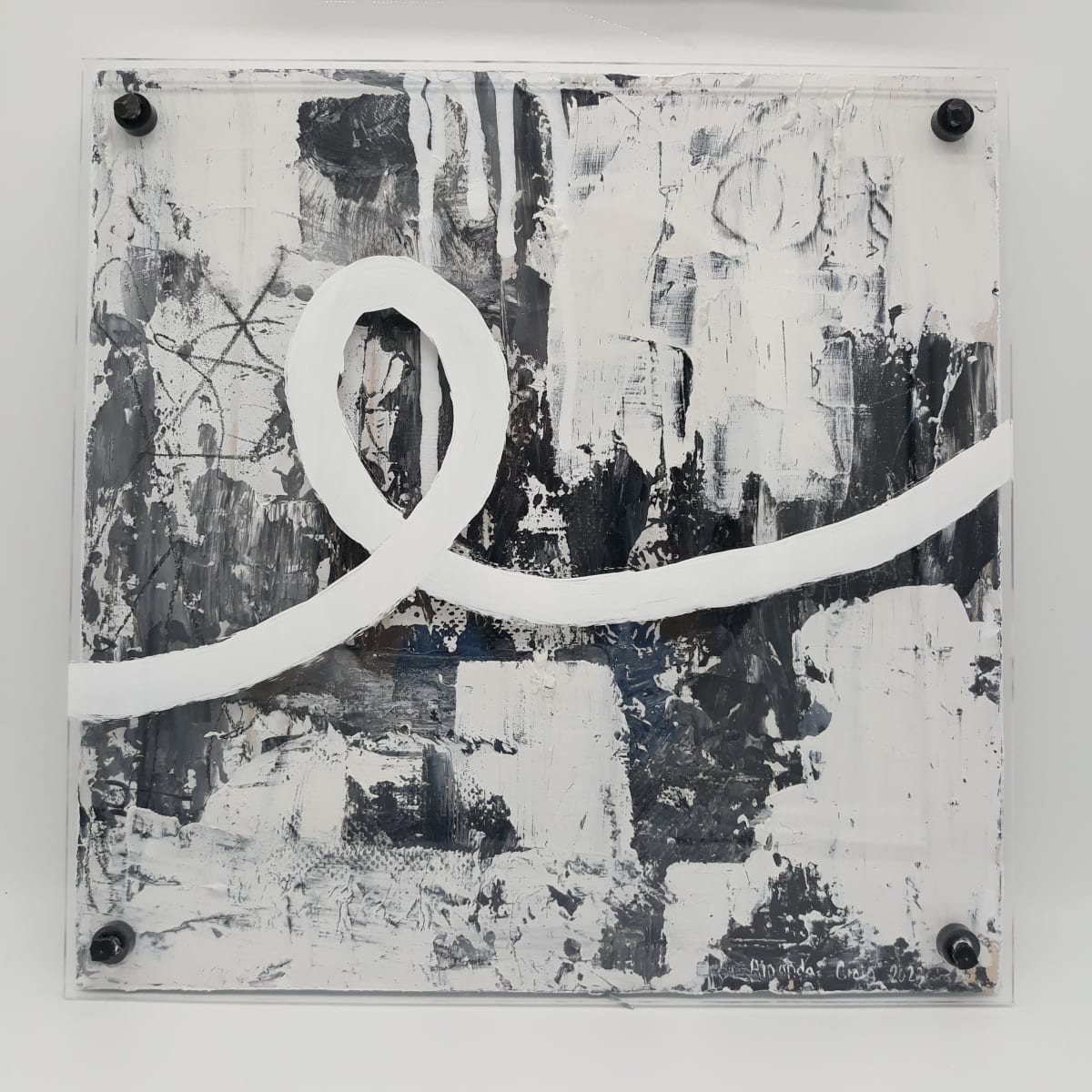 Joy by Amanda Craig  Image: Original mixed media on 12" x 12" birch panel with a plexi front (creating 3D image). Abstract in acrylic, ink, fabric, graphite, and plaster. Ready to hang; no frame required. Available as part of a triptych (See also: "Strength" and "Perseverance"). 