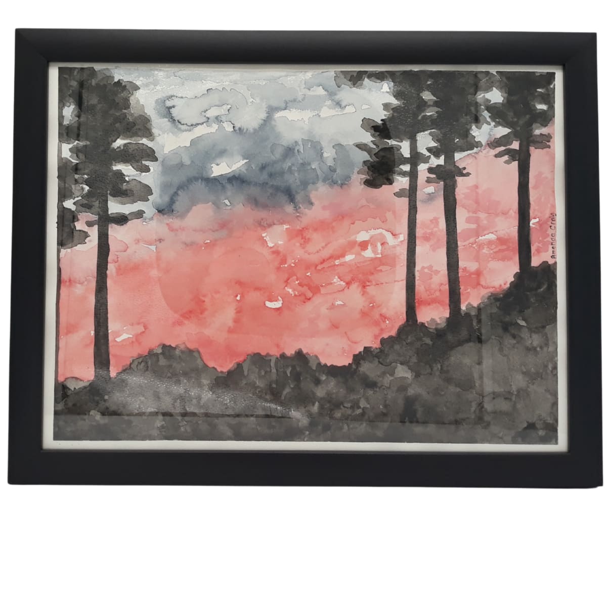 Lost Pines Sunrise by Amanda Craig  Image: Original watercolor on Arches cold pressed watercolor paper. Black wood frame with glass.  Sunrise in 2022 from the Lost Pines in Tahitian Village of Bastrop, Texas. Print of inspirational image on back.