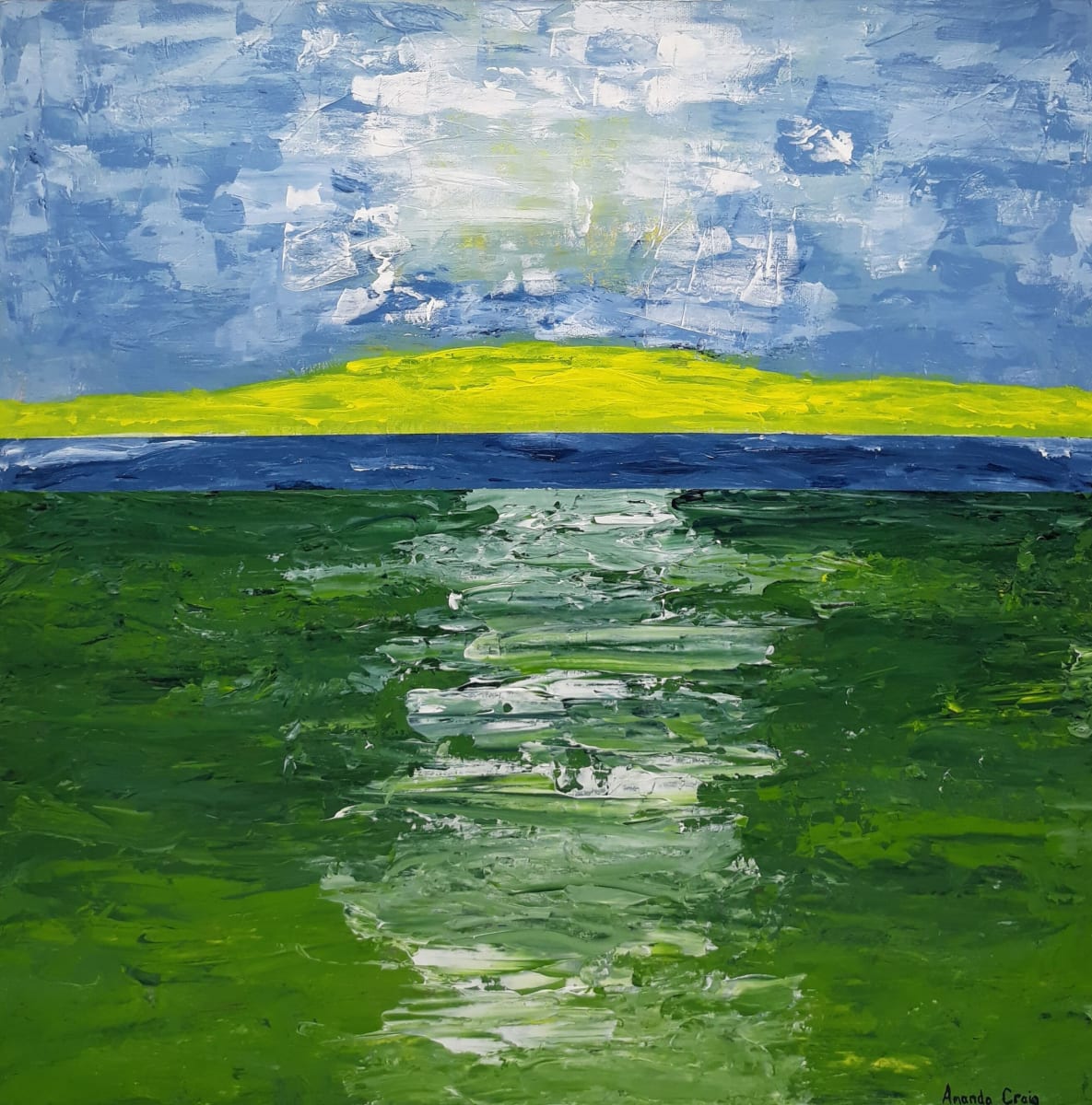 The Golden Strand by Amanda Craig  Image: Based on the hymn "Near the Cross" by Fanny Crosby. Near the Cross: "Near the cross! I'll watch and wait, Hoping, trusting ever; Till I reach the golden strand, Just beyond the river. "

Landscape mixed media 20" x 20" gallery wrapped canvas of a field leading to river and crossing, featuring acrylic and paper.