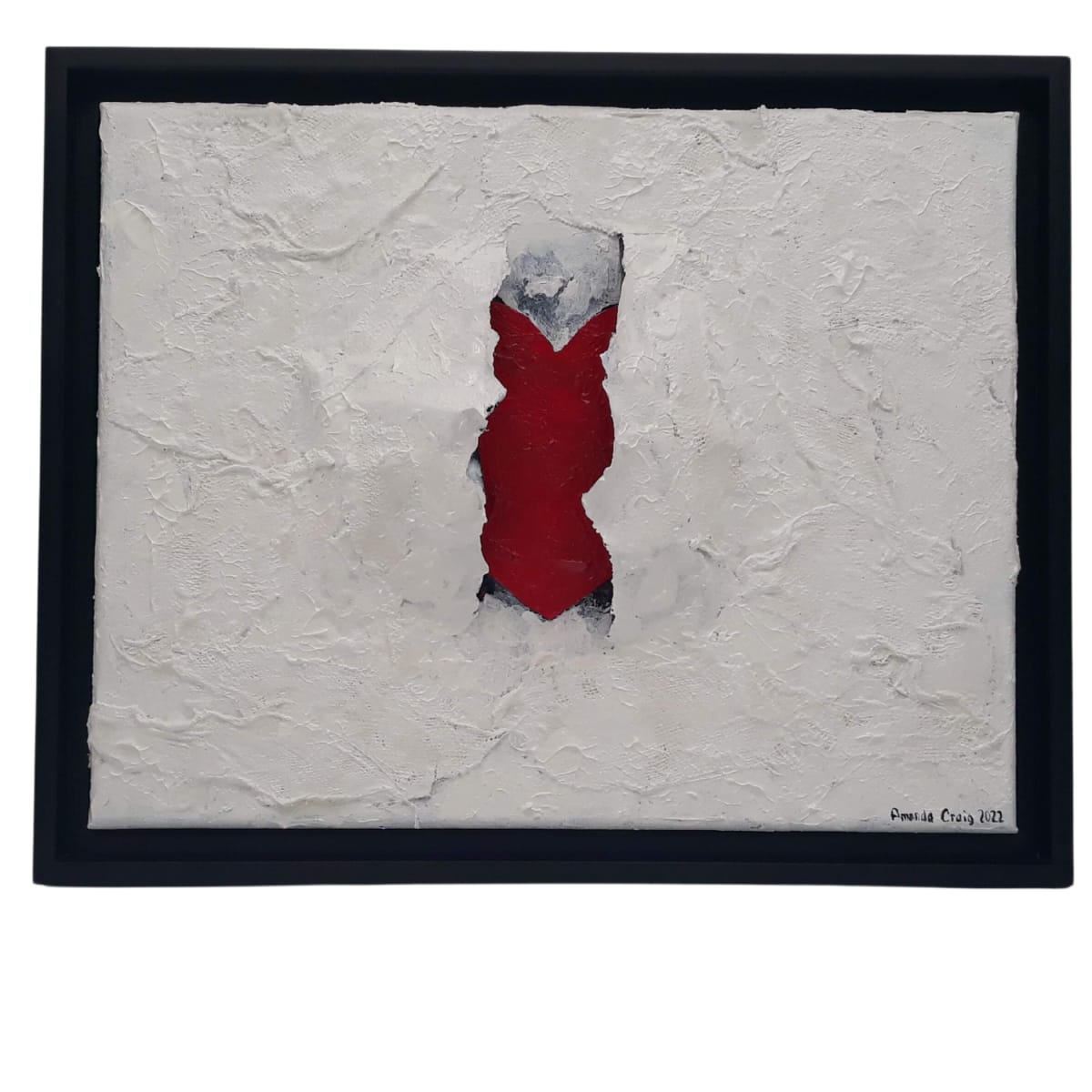 Wearing Your Heart on Your Sleeve by Amanda Craig  Image: Original mixed media on wrapped canvas in floating frame. Heart partially covered in 3D texture; acrylic, paper, and plaster. Heavy texture; therefore, no varnish.
