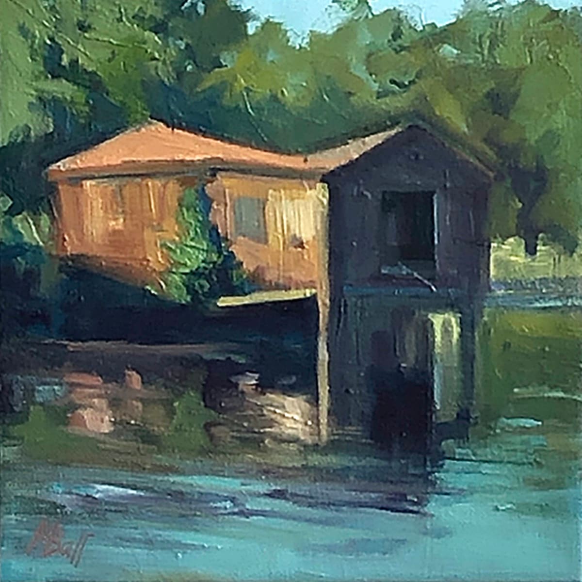 Fishing Shack I by Marjorie Ball  Image: I wish I knew the story of this old, dilapidated building on the cove in Apponaug. It feels like it is posing for our plein air session. 