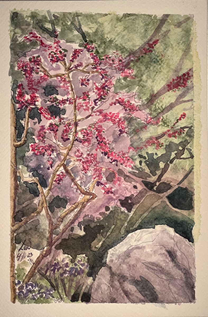 Descanso; flowering tree on a misty day by Lon Bender  Image: Misty and moody Pleine air day