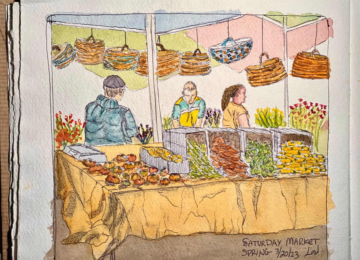 La Canada Market in Spring by Lon Bender  Image: A beautiful spring Saturday Market at the base of the San Gabriel mountains. Town of La Canada.  Stocking up on vegetables and fruit.