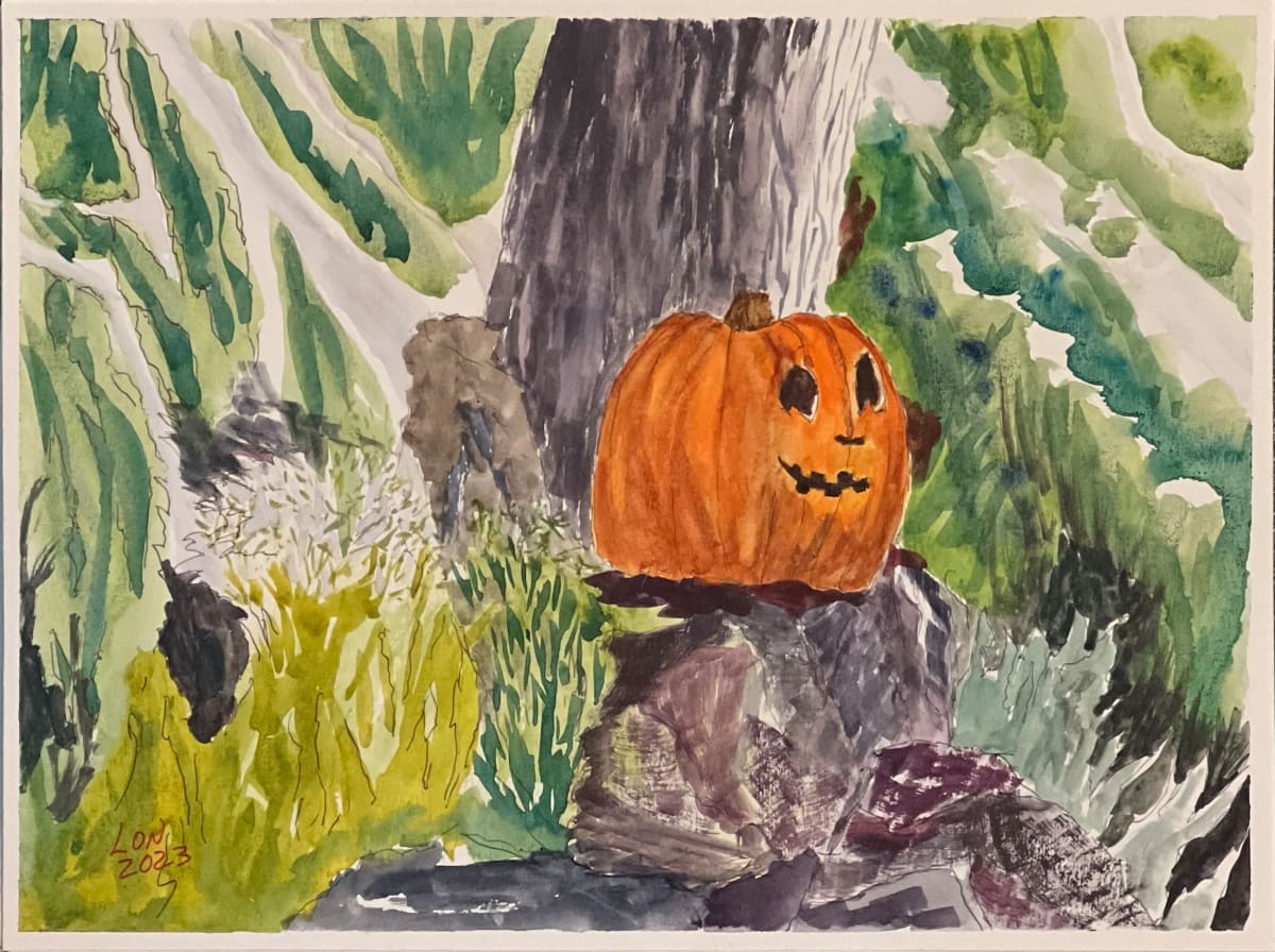 Pumpkin on a rock in the Forest by Lon Bender 