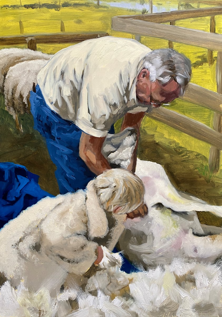 Heile Welt (Shearing) by Philine van der Vegte  Image: Shearing, oil on wood 50x35cm by Philine van der Vegte