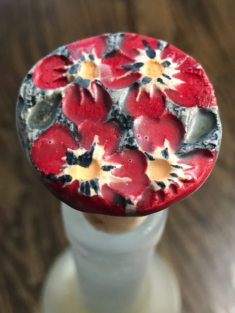Ceramic/Encaustic · Wine Savers · Cork Stopper  Image: Red/Blue Flowers
