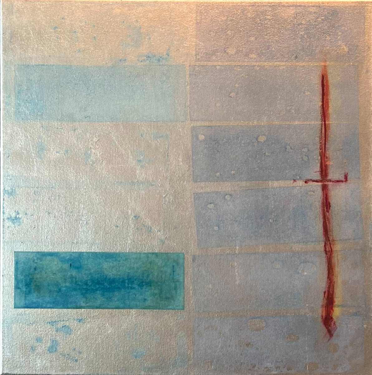 SILVER, BLUE RECTANGLES & RED LINE by Maria Cerro 