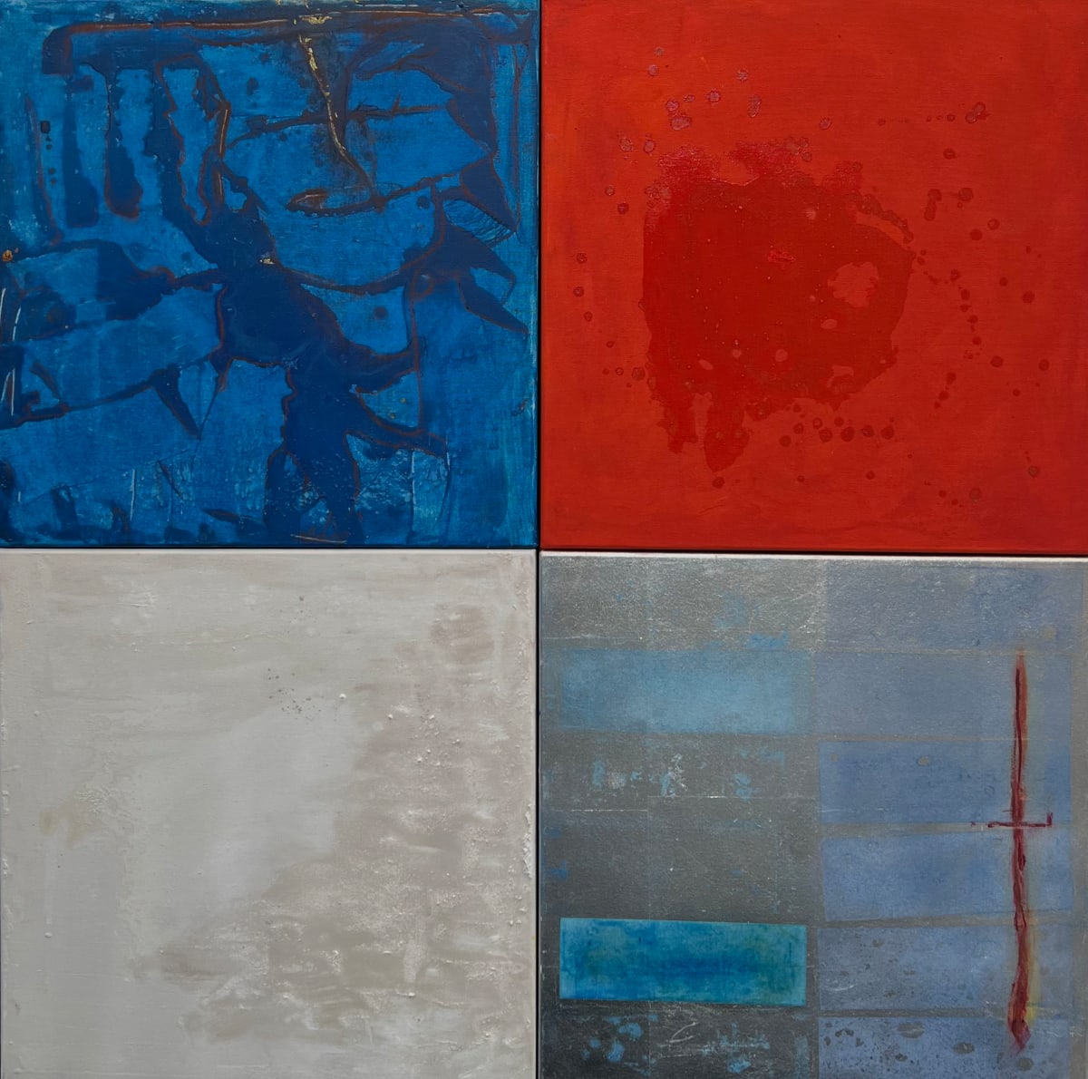 BLUE TRACES, WARM RED, WHITE FIELD AND SILVER WITH BLUE RECTANGLES by Maria Cerro 