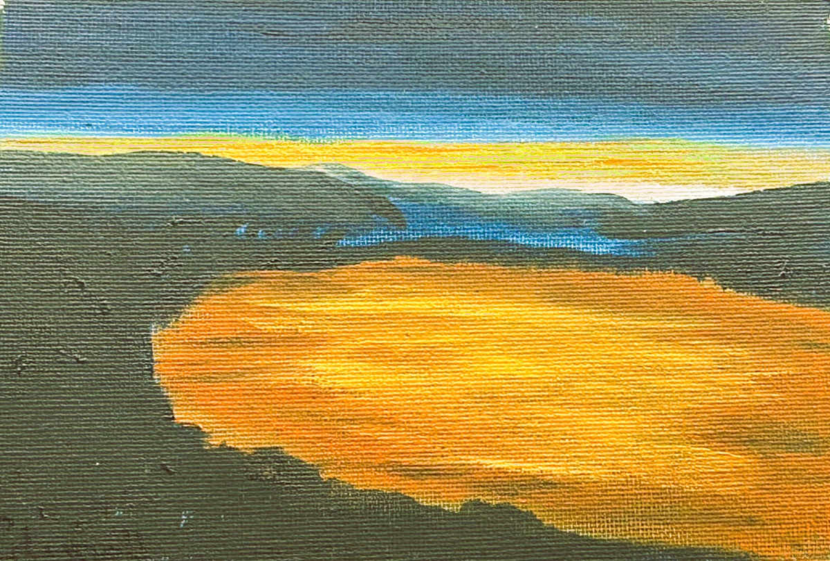 Sunset over lake by Glynell Art  Image: A peaceful sunset over a lake.