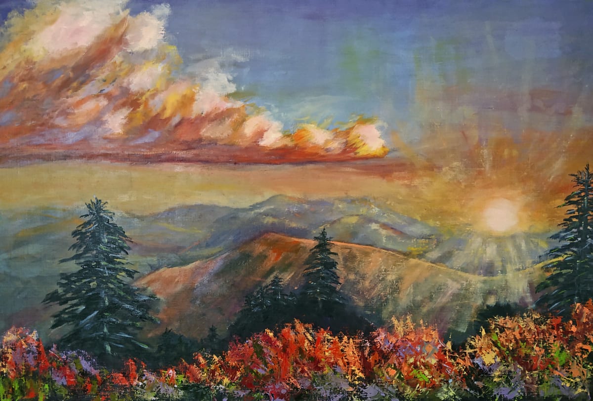 Blue Ridge Sunset by Linda Riesenberg Fisler  Image: Watching a Blue Ridge Parkway sunset is always special and never the same. On our way back from the Smoky Mountains National Park in August 2021, we spent hours watching the colors change on the mountain ridges, the pine trees, and the clouds. 