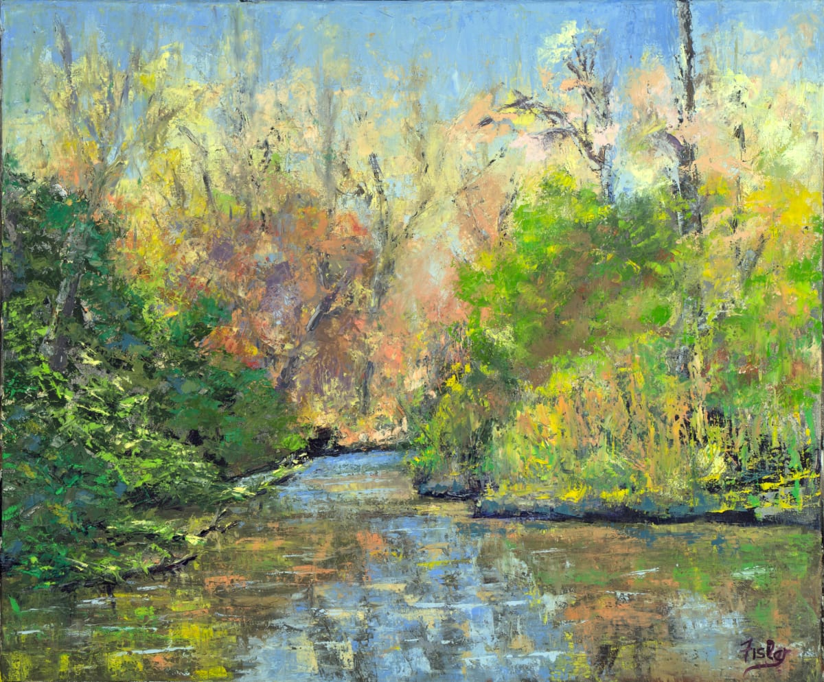 Bent Creek by Linda Riesenberg Fisler  Image: Drawing on her study and love for Claude Monet, Linda painted a serene scene of Bent Creek in Autumn with palette knives. The softness of edges allows the eye to move along the creek and enjoy the reflections, leaves and trees. 