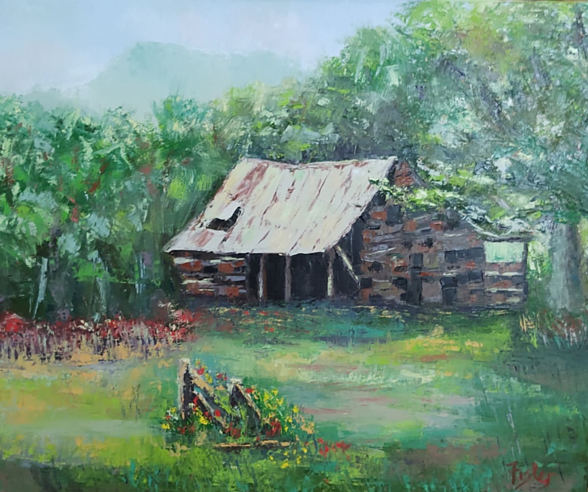 Mills River Barn by Linda Riesenberg Fisler  Image: As Linda bicycles along the country roads of WNC, the delipidated country barns abound. Using her palette knives and edges, color, and memory, she captures a beloved barn of hers and her cycling companions. We enjoy the view as we rest and regroup to cycle to the finish.