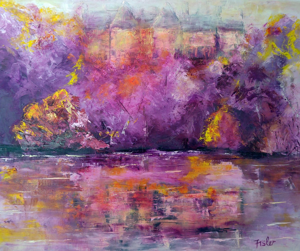The Biltmore Estate by Linda Riesenberg Fisler  Image: The Biltmore Estate from the lagoon, looking up the hillside at the back of the estate painted in an impressionist way, with some abstract qualities. 