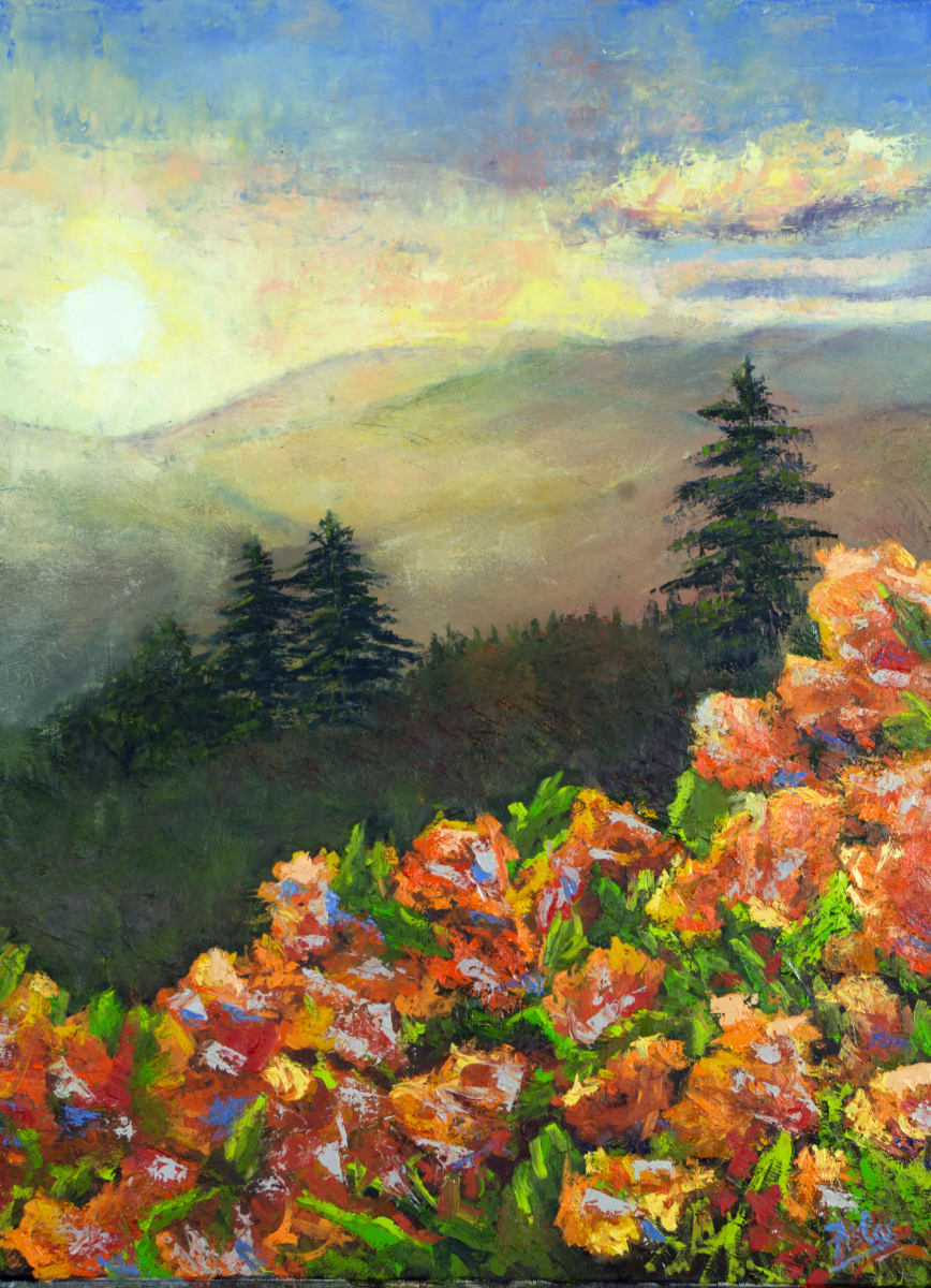 Azeleas at Sunset by Linda Riesenberg Fisler  Image: Spring on the Blue Ridge Parkway is gorgeous, from the sunset views to the aromas of Azaleas. The Blue Ridge and the surrounding area inspire her daily. In this painting, Linda captures the atmosphere of the warm sun and many ridges grasping the last rays of sunlight. The Azaleas play in the foreground as if they are enjoying the sunset. 