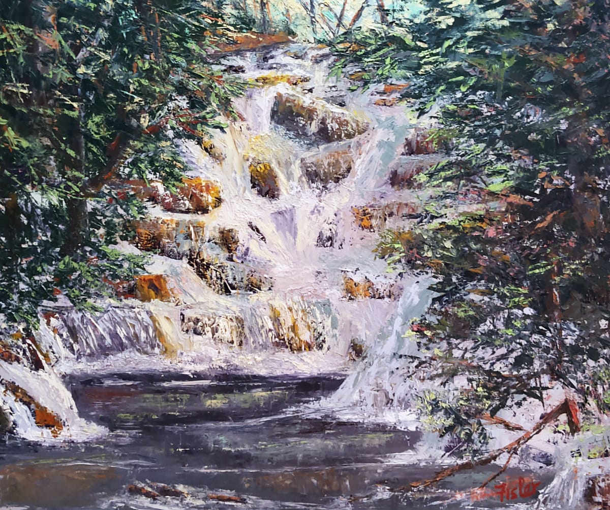 Waterfall Serentity by Linda Riesenberg Fisler  Image: After a hike to Catawba Falls, this painting was created. There are so many waterfalls around Asheville, resulting in this painting is a little bit of every one of them!  The rhododendrons and the water splashing on the rocks transcends the viewer to the serenity of hearing the waterfall and the contrasting peaceful stream below.