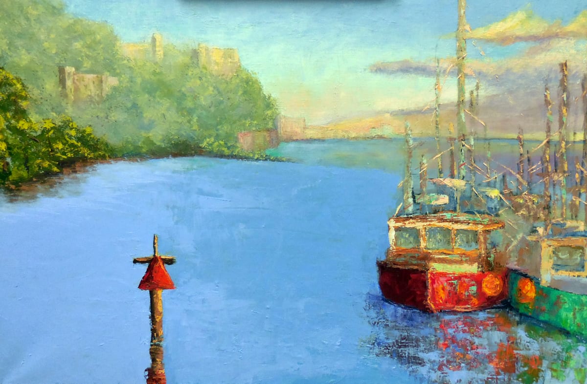 Peaceful Harbor by Linda Riesenberg Fisler  Image: Are these the working boats of the Bay of Fundy? Is this France?  Is it both?  Created from memories of both the Bay of Fundy, shrimp boats, and Linda's trip to France, this painting captures her favorite memories. 