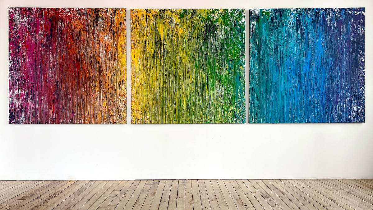 Raining Rainbows:  Primary Colors and Beyond Triptych by Lisa Marie Studio  Image: “RAINING RAINBOW” on the wall