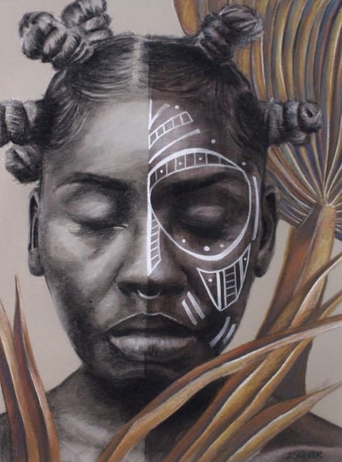 Within Me by Vanessa Turner  Image: Completed in charcoal and pastel, the piece depicts the half truth people of colour tend to function with in society. We should feel comfortable showing and embracing our ancestral ties, our culture. On the contrary, we often feel hesitant because of how society reacts and the challenges that arise as a result. Thus, it can often feel like you need to wear a mask.
