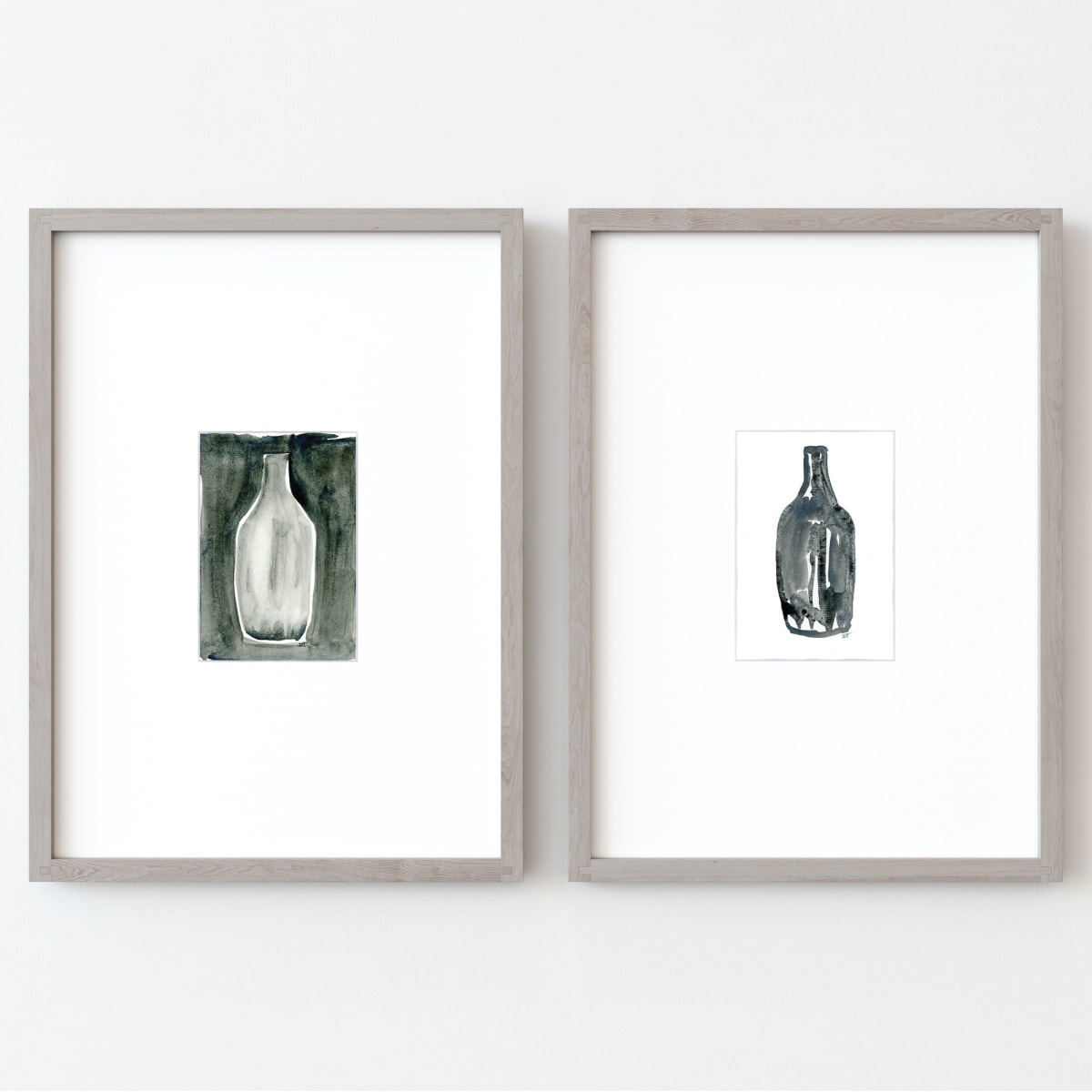 Still Life Duet of Contemporary Black and White Wine Bottles by JJ Hogan  Image: 11x14 art gallery professional mats showcase visually compelling 5x7 watercolor/gouache imagery. They are professionally finished duet (a pair).