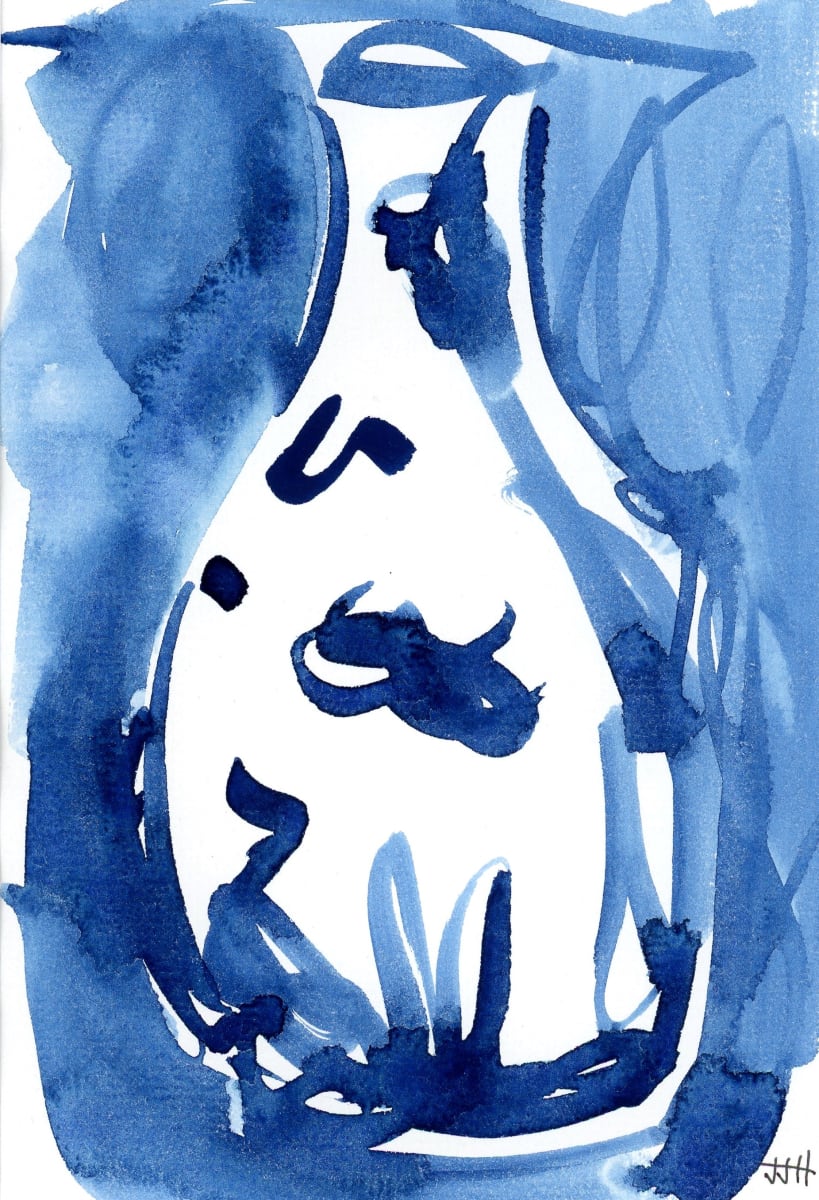 "Chinoiserie Vase #24" by JJ Hogan  Image: Abstract indigo chinoiserie vase-inspired watercolor; gold shimmer frame, matted under glass.