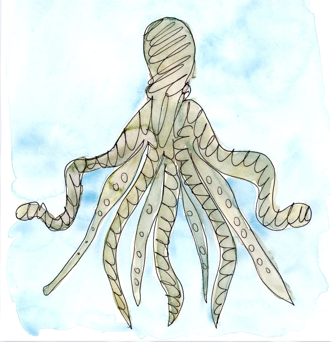 "Simply Enjoy the Mystery..." by JJ Hogan  Image: Whimsical octopus in watercolor and ink; black square frame with gallery black mat.