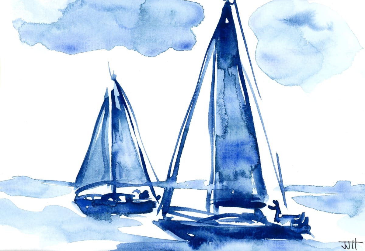 "Soul Sisters" by JJ Hogan  Image: Sailing-inspired blue and white watercolor; silver wash natural frame, oversized mat showcases original art.