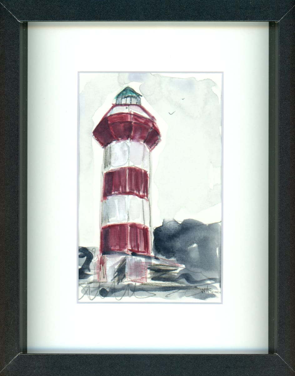 "The Lighthouse in the Storm" by JJ Hogan  Image: Lighthouse-inspired watercolor; modern black gallery frame, matted under glass.