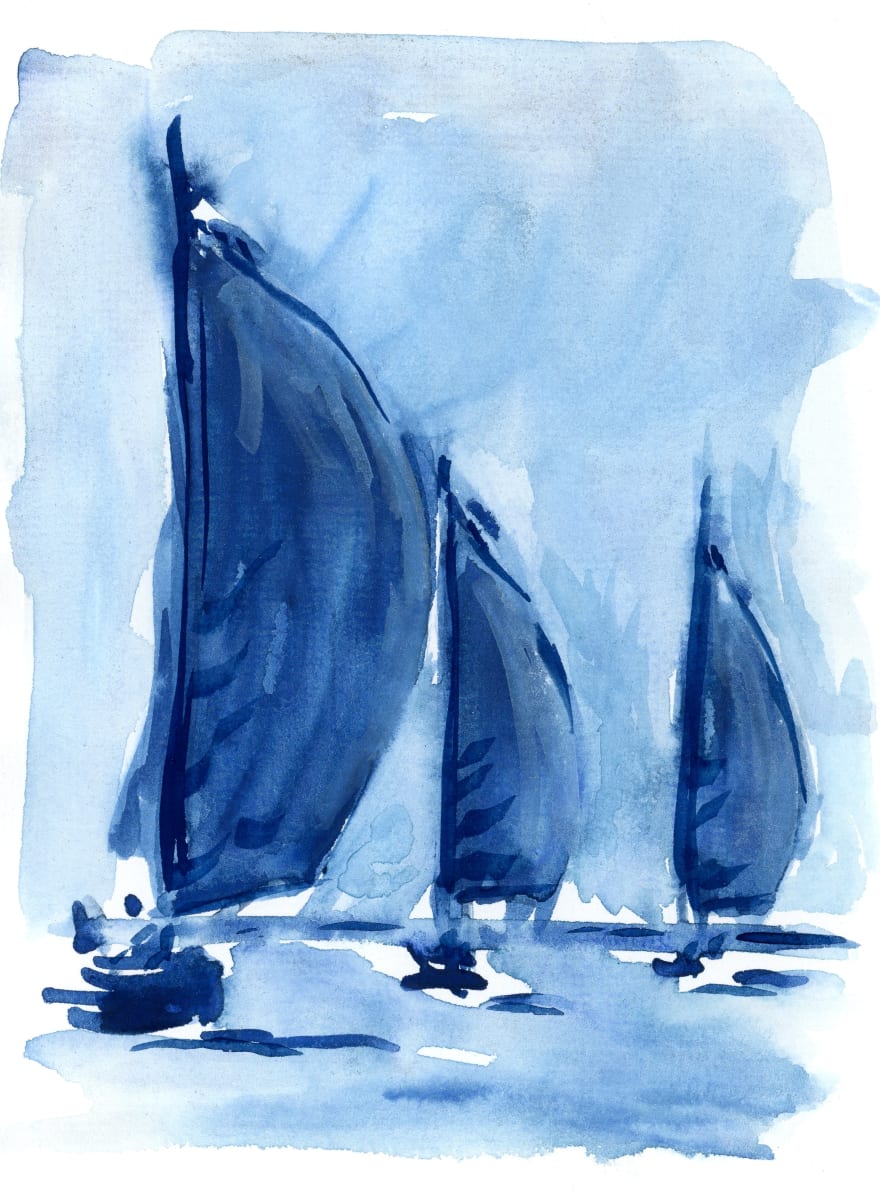 Be an optimist! Look ahead with hope. by JJ Hogan  Image: Sailing regatta-inspired blue and white watercolor; silver wash natural frame, showcased with oversized mat under glass.